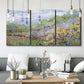 Three-panel canvas wall art featuring spring orchard in full bloom, displayed in a modern living room above seating.