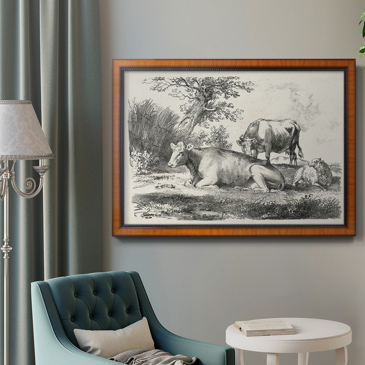 Classical pastoral landscape artwork by Nicolas Berchem in an ornate vintage burl wood frame displayed in a neutral interior setting.