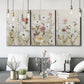 Three-panel canvas wall art featuring loose farmhouse style floral painting, displayed in a modern living room above seating.