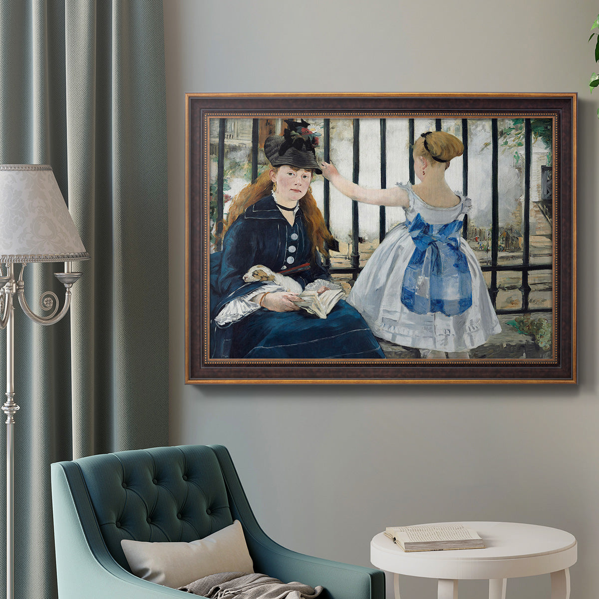 Impressionist urban scene near a railway by Édouard Manet in an ornate bronzed mahogany wood frame displayed in a bright interior setting.
