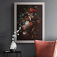 Classical floral still life painting by Jan van Huysum in an ornate weathered white frame displayed in a dark-toned interior setting.
