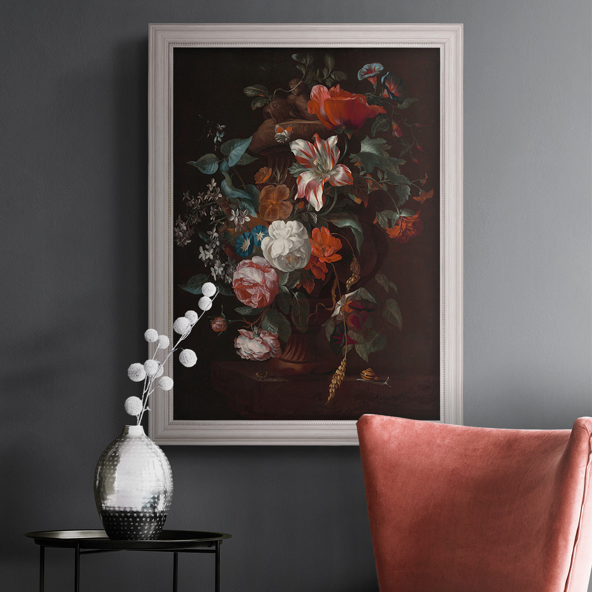 Classical floral still life painting by Jan van Huysum in an ornate weathered white frame displayed in a dark-toned interior setting.