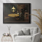 Impressionist domestic interior scene by Claude Monet in an ornate black frame with gilded inner detail displayed in a bright interior setting.