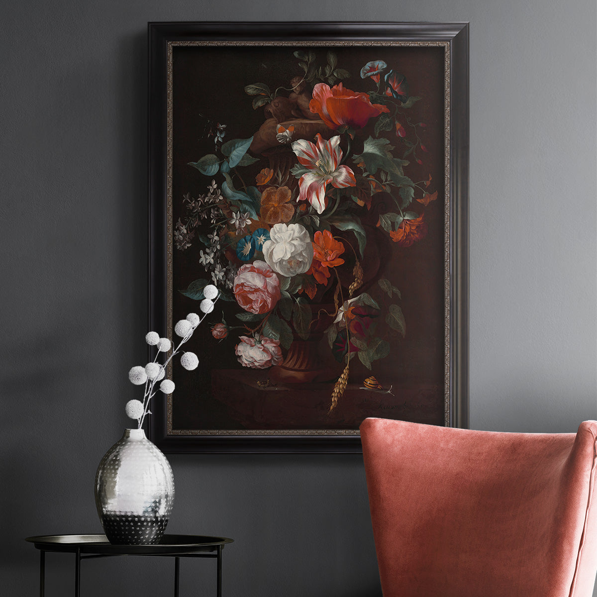 Classical floral still life painting by Jan van Huysum in an ornate black frame with gilded inner detail displayed in a dark-toned interior setting.