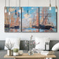 Three-panel canvas wall art featuring harbor with boats and water, displayed in a modern living room above seating.