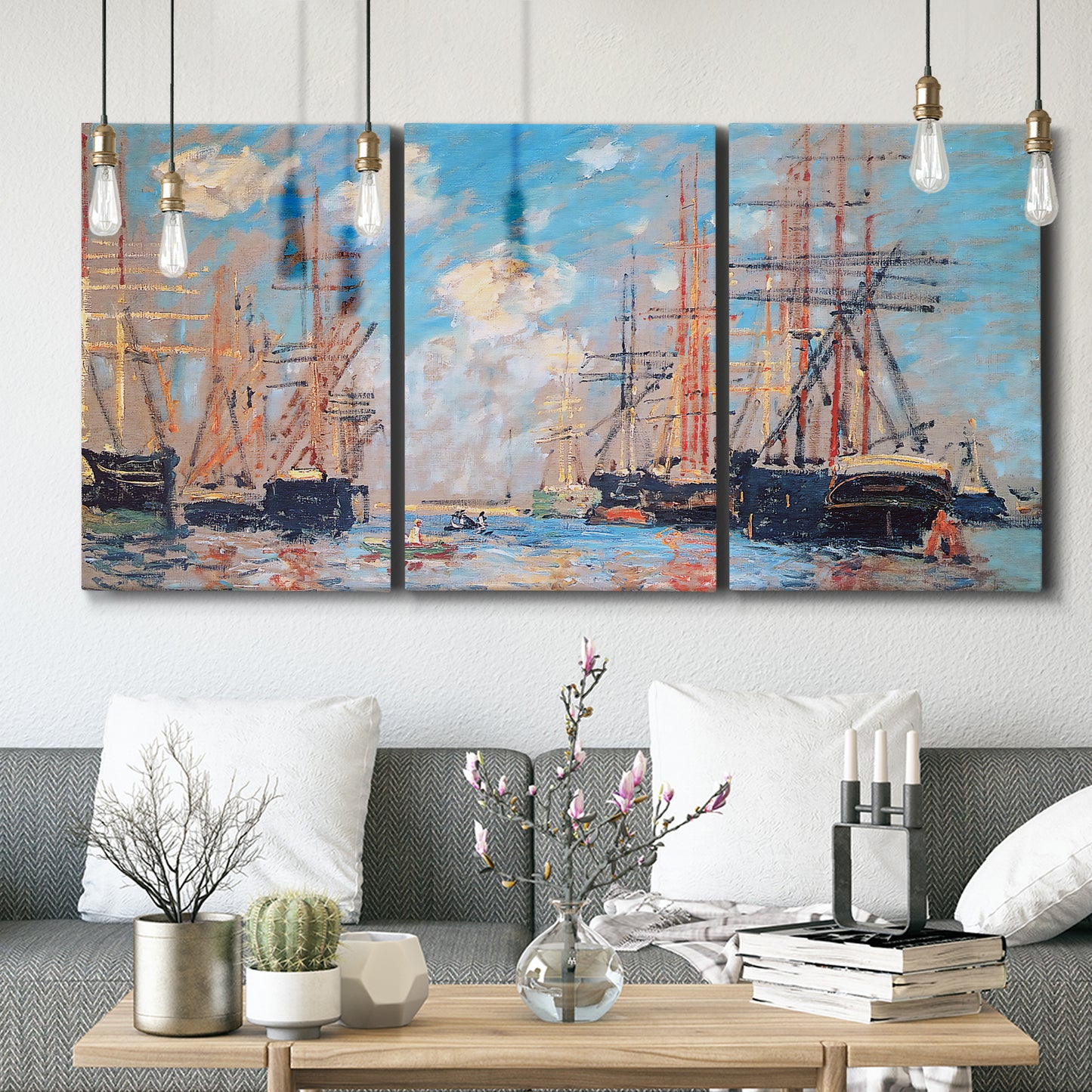 Three-panel canvas wall art featuring harbor with boats and water, displayed in a modern living room above seating.