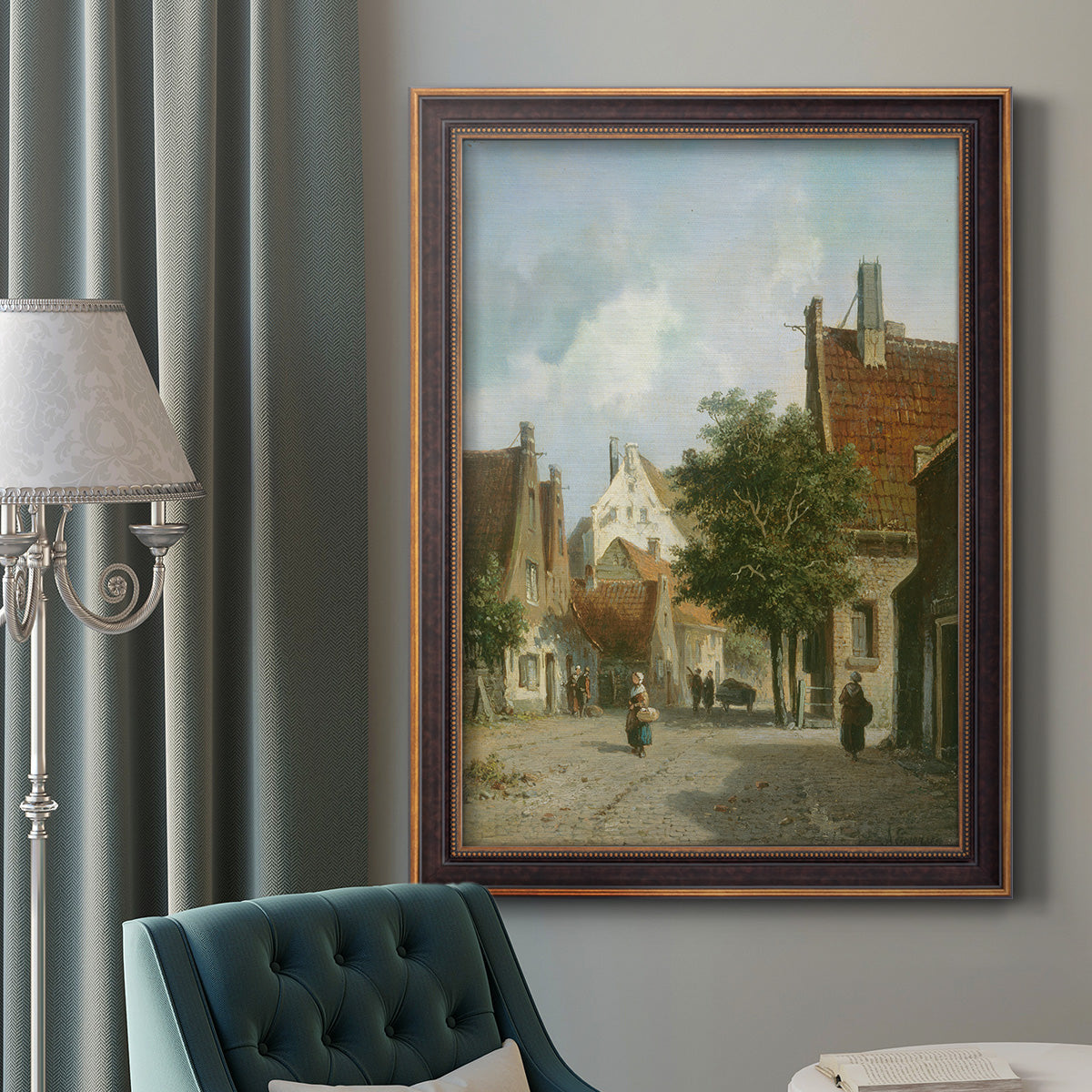 Rustic European street scene painting by Adriaan Eversen in an ornate bronzed mahogany wood frame displayed in a dark-toned interior setting.