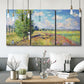 Three-panel canvas wall art featuring sunlit meadow landscape, displayed in a modern living room above seating.
