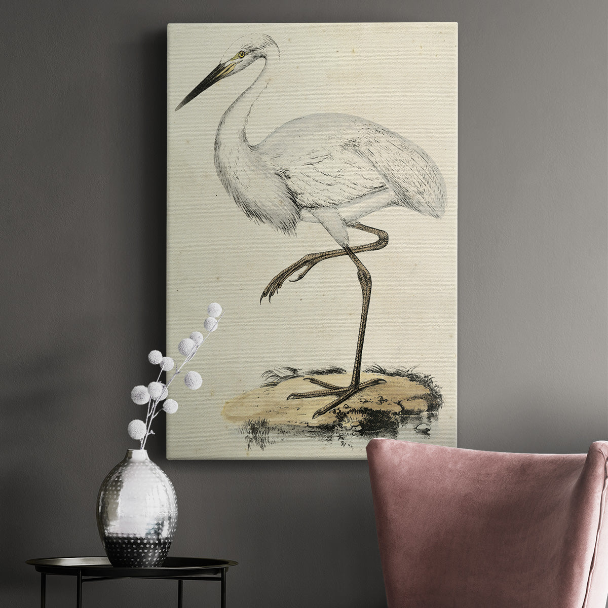 Embellished Antique Heron III (ASH) Premium Gallery Wrapped Canvas - Ready to Hang