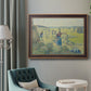 Impressionist rural hay harvest landscape by Camille Pissarro in an ornate bronzed mahogany wood frame displayed in a bright interior setting.
