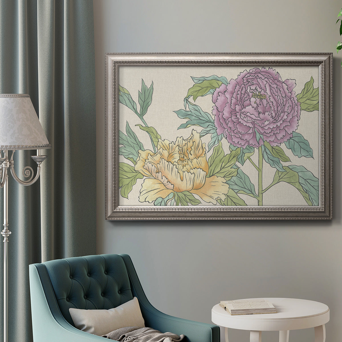 Contemporary peony flower illustration in an ornate vintage silver frame displayed in a neutral interior setting.