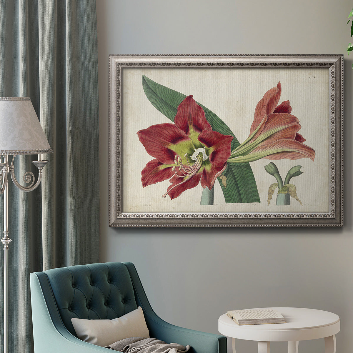 Antique amaryllis botanical flower illustration in an ornate vintage silver frame displayed in a neutral interior setting.