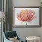 Minimalist pink flower abstract artwork in an ornate vintage silver frame displayed in a neutral interior setting.