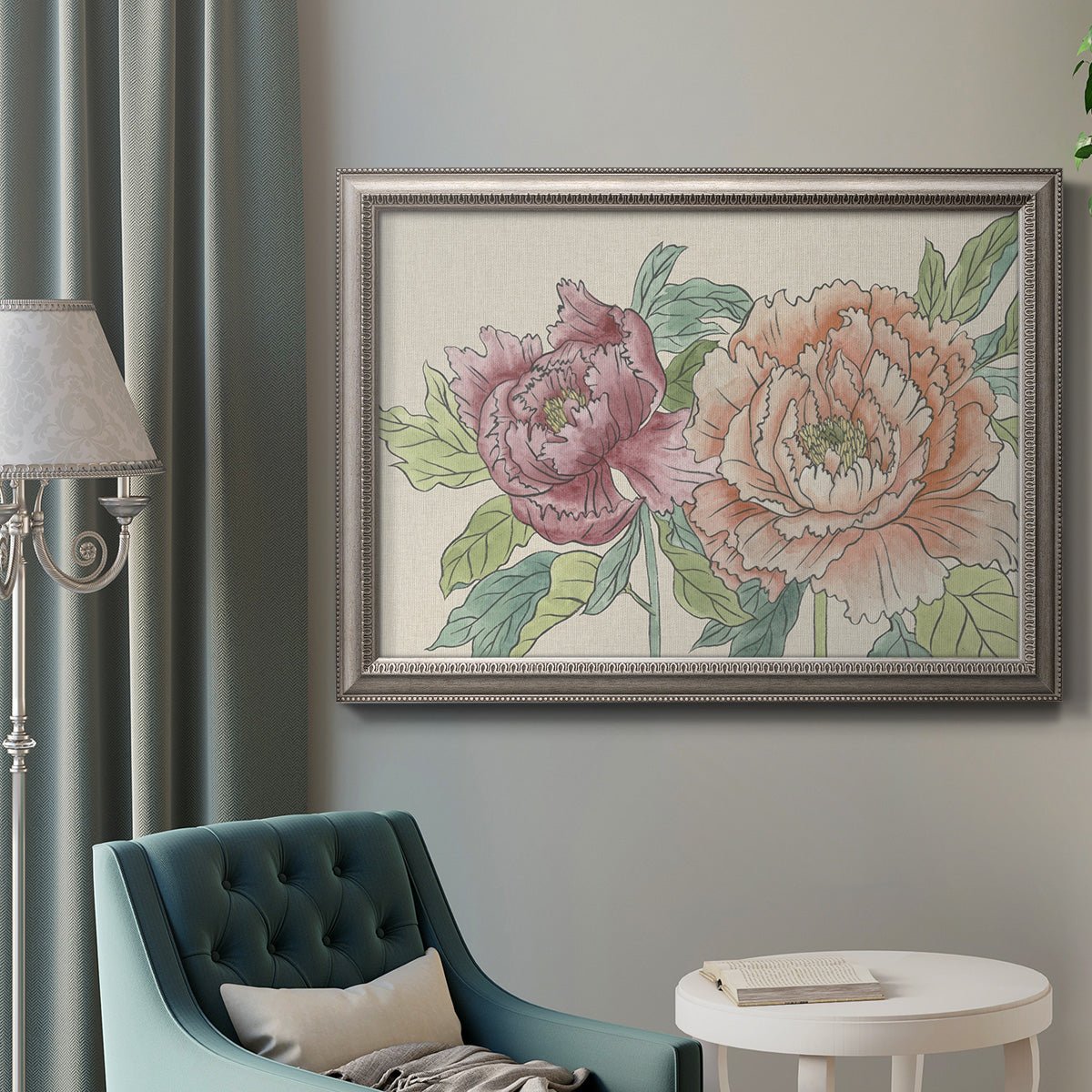Modern peony floral drawing in an ornate vintage silver frame displayed in a neutral interior setting.