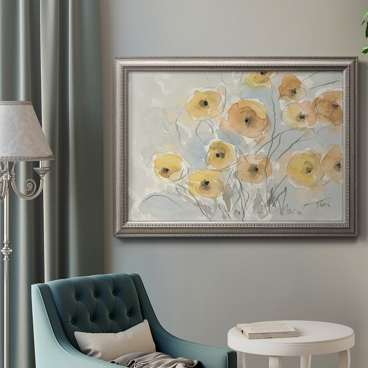 Minimalist poppy flower watercolor artwork in an ornate vintage silver frame displayed in a neutral interior setting.