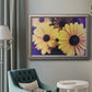 Contemporary yellow Susan floral photograph in an ornate vintage silver frame displayed in a neutral interior setting.