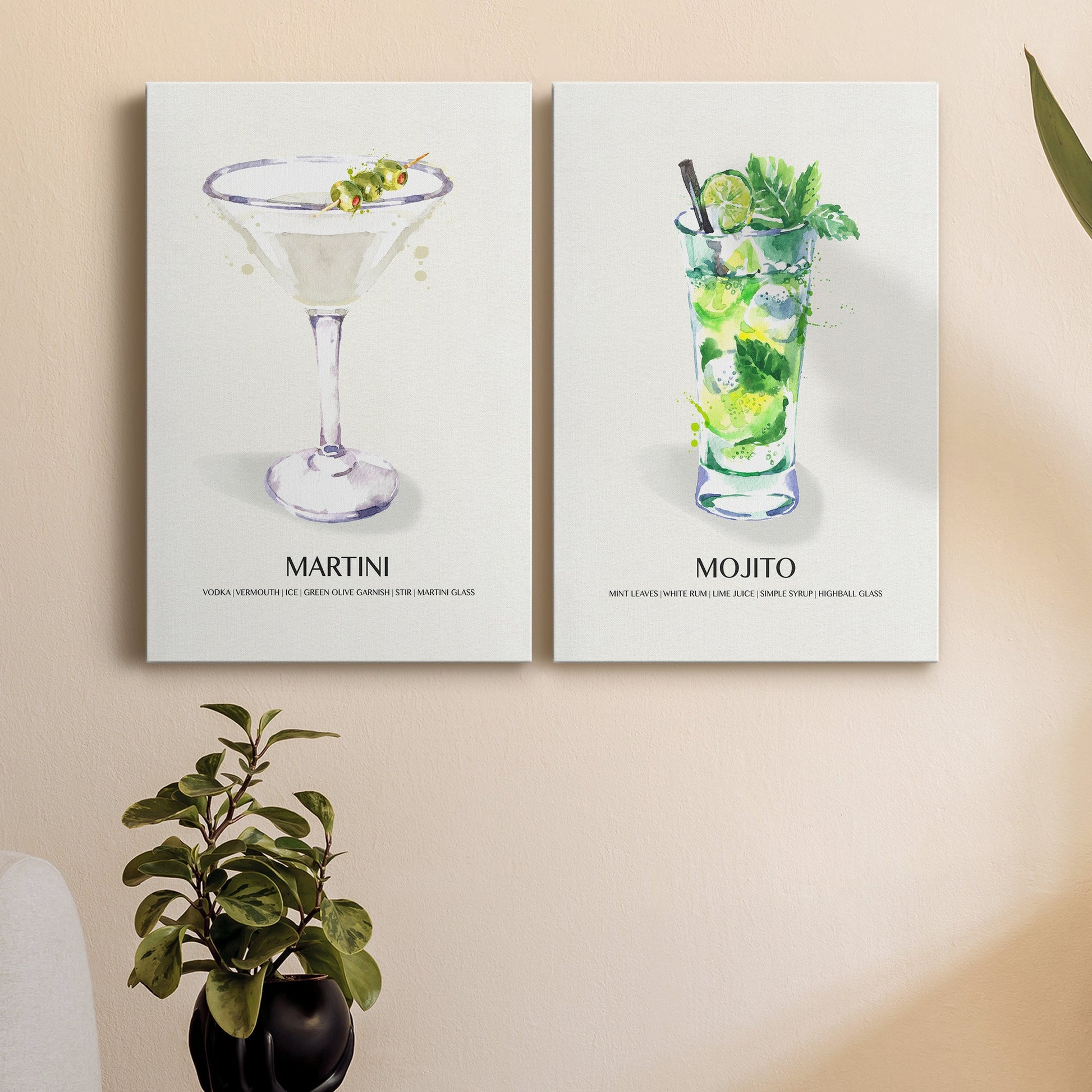 Set of two vertical canvas wall art pieces showcasing vintage martini cocktail illustration in a softly styled neutral space.