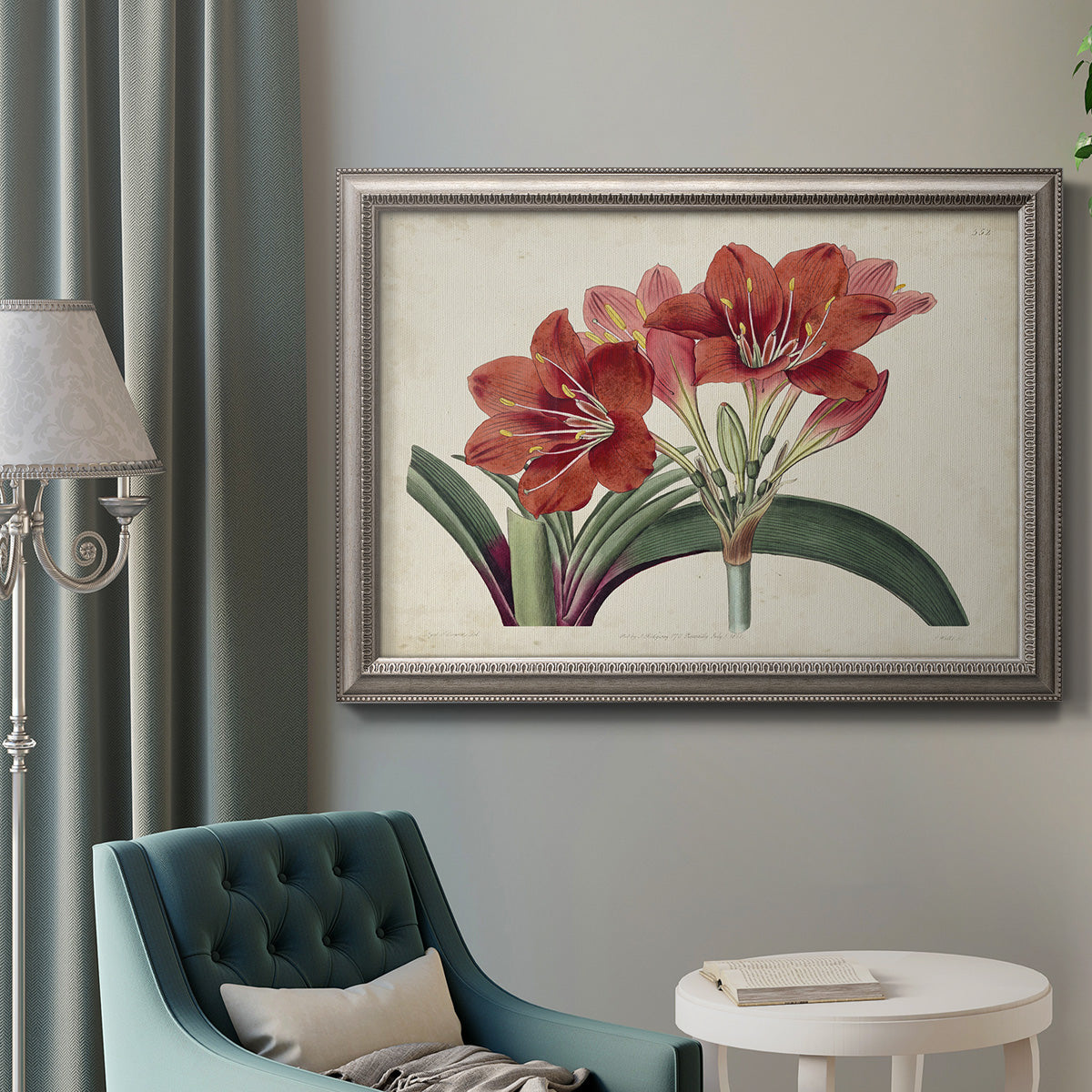 Vintage amaryllis botanical illustration in an ornate vintage silver frame displayed in a neutral interior setting.