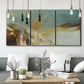 Three-panel canvas wall art featuring earth toned abstract solar landscape, displayed in a modern living room above seating.