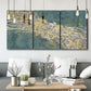 Three-panel canvas wall art featuring soft abstract wind movement, displayed in a modern living room above seating.