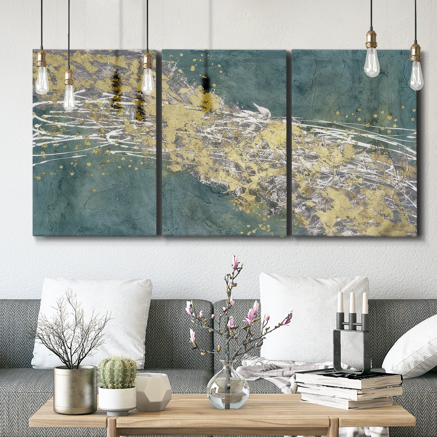 Three-panel canvas wall art featuring soft abstract wind movement, displayed in a modern living room above seating.