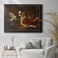 Classical religious painting of Saint Jerome with an angel by Simon Vouet in an ornate black frame with gilded inner detail displayed in a bright interior setting.