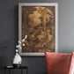 Monochrome religious painting of the raising of Lazarus by Leandro Bassano in an ornate weathered white frame displayed in a dark-toned interior setting.