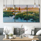 Three-panel canvas wall art featuring pastoral marshland landscape, displayed in a modern living room above seating.