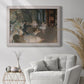Impressionist backstage ballet scene by Edgar Degas in an ornate weathered white frame displayed in a bright interior setting.