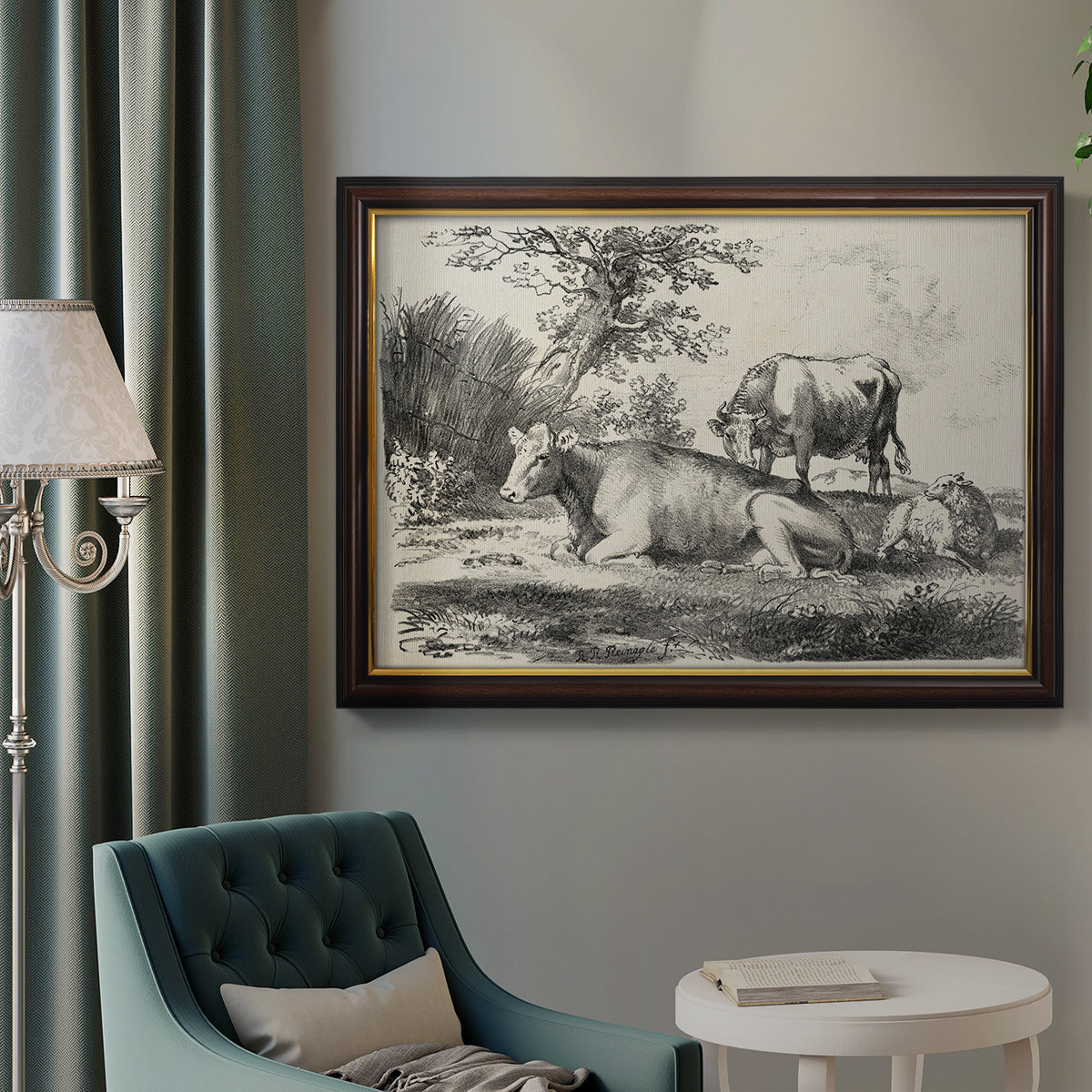 Classical pastoral landscape artwork by Nicolas Berchem in an ornate mahogany wood frame with gold liner displayed in a neutral interior setting.