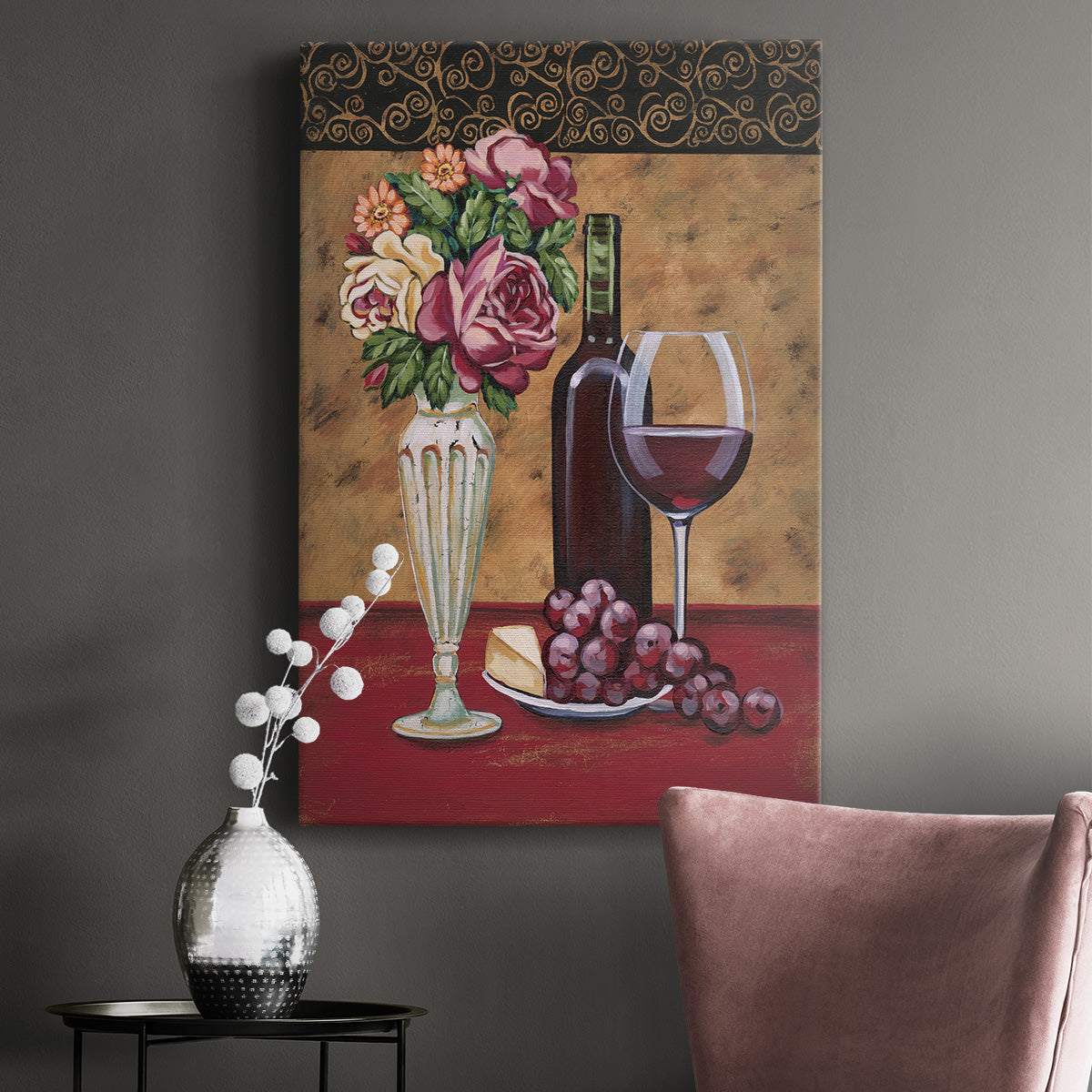 Vintage Flowers and Wine I Premium Gallery Wrapped Canvas - Ready to Hang