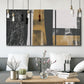 Three-panel canvas wall art featuring industrial mid century abstract glitch, displayed in a modern living room above seating.
