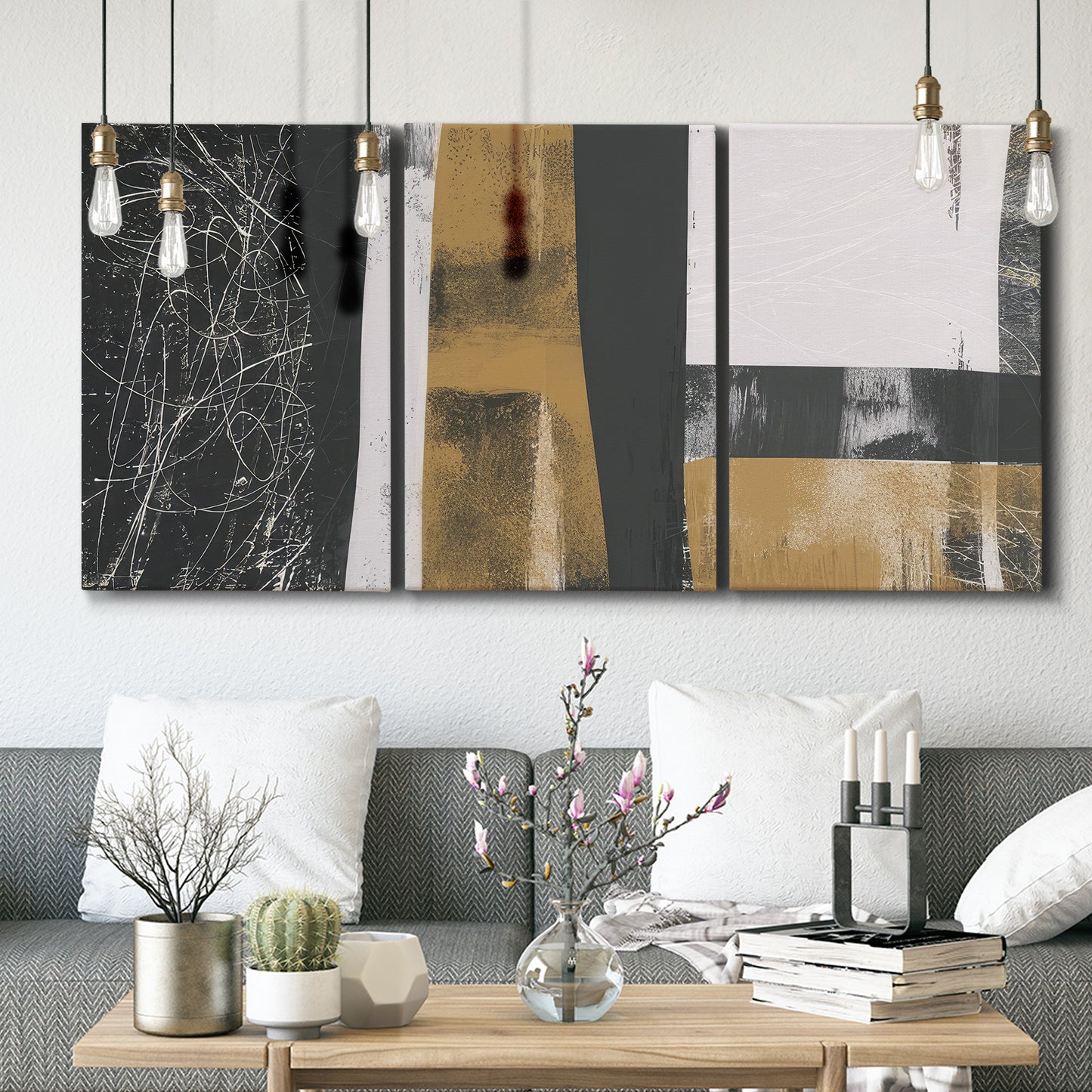 Three-panel canvas wall art featuring industrial mid century abstract glitch, displayed in a modern living room above seating.