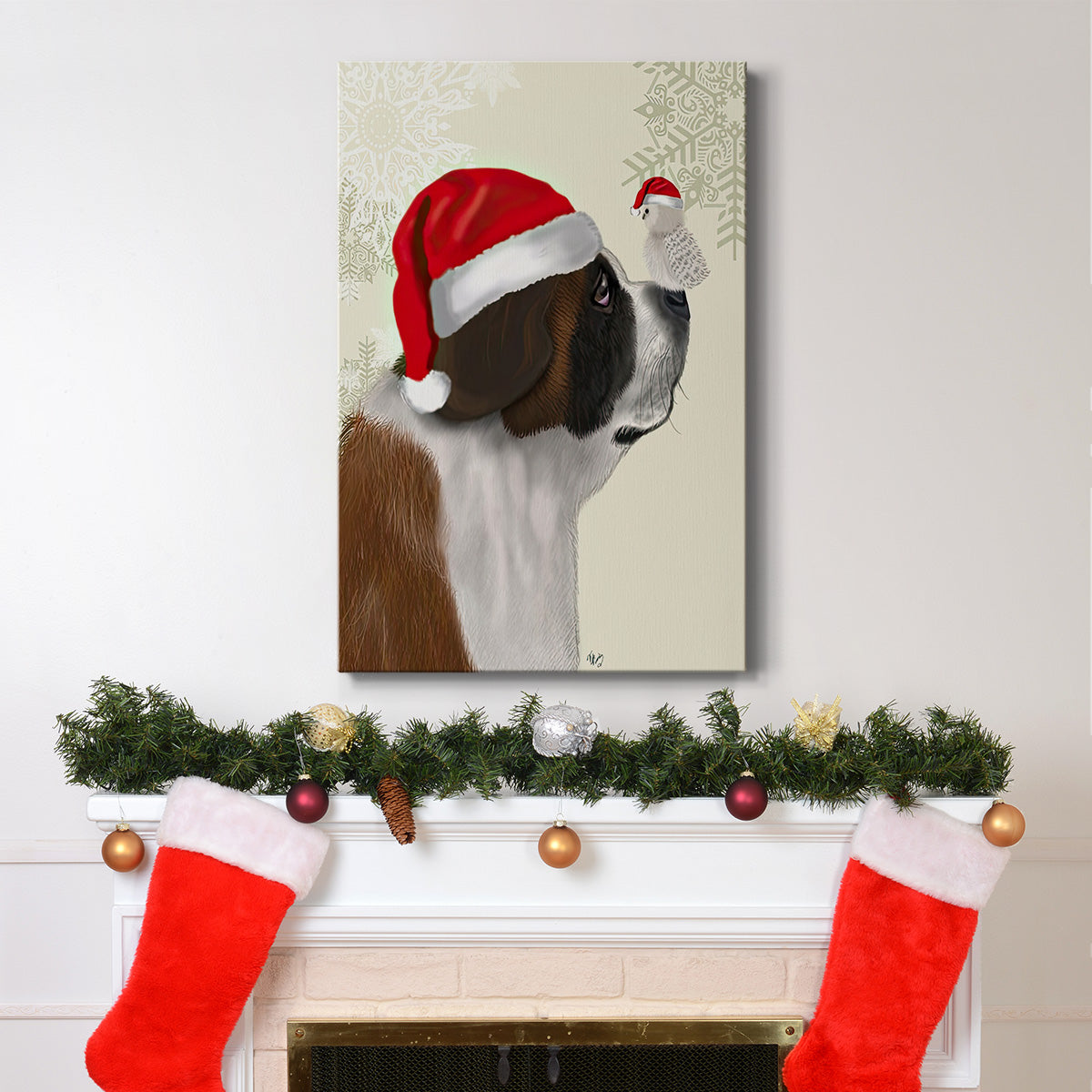 Christmas St Bernard and Fluffy Owl - Gallery Wrapped Canvas