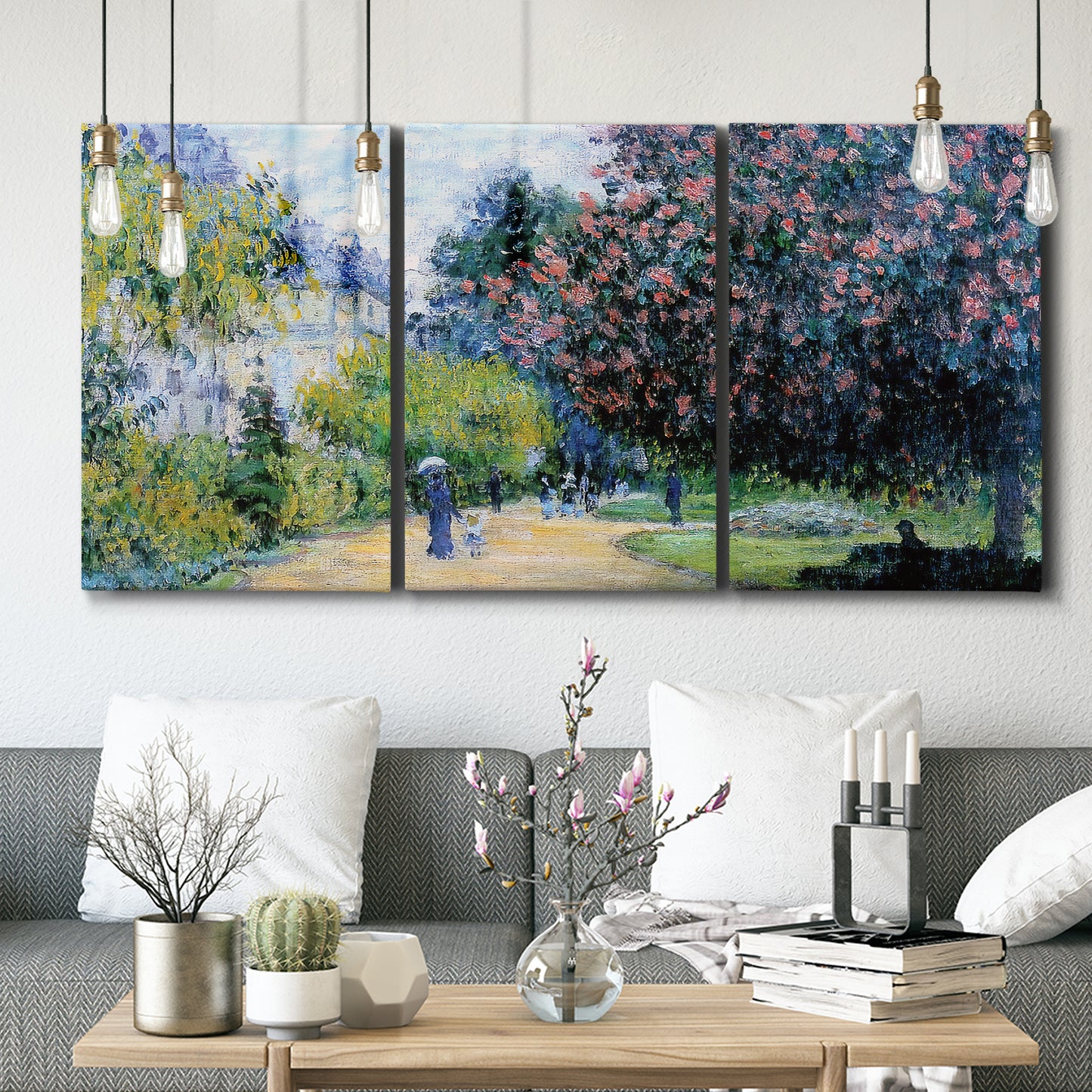 Three-panel canvas wall art featuring formal city park with trees, displayed in a modern living room above seating.