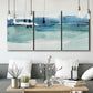 Three-panel canvas wall art featuring minimalist ultramarine abstract vista, displayed in a modern living room above seating.