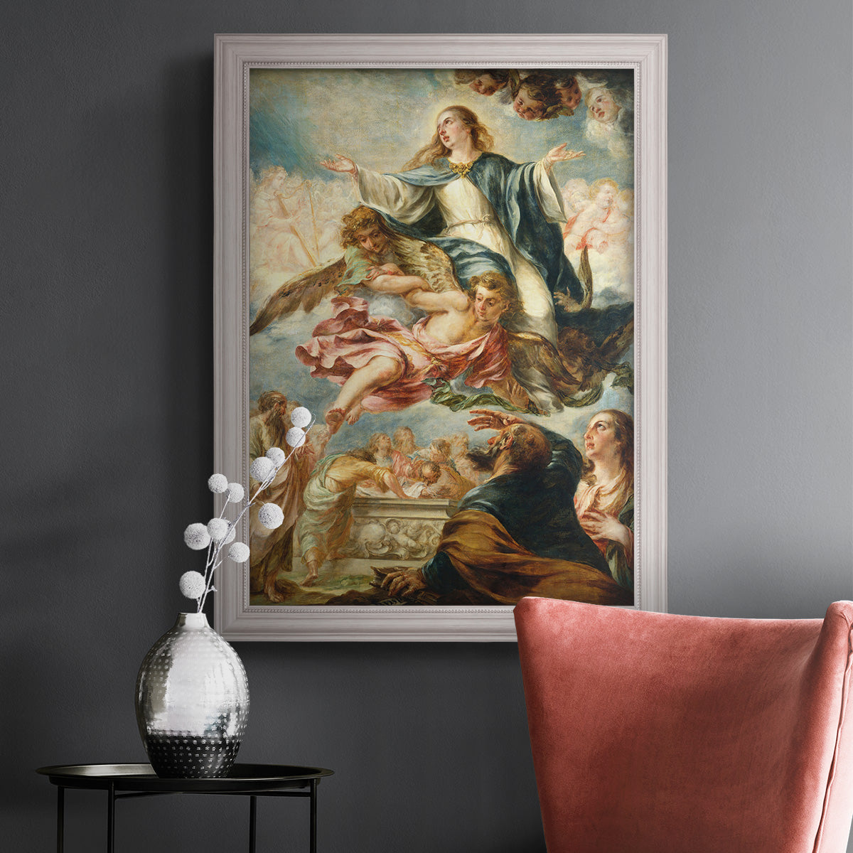 Religious painting of the Assumption of the Virgin Mary by Juan de Valdés Leal in an ornate weathered white frame displayed in a dark-toned interior setting.