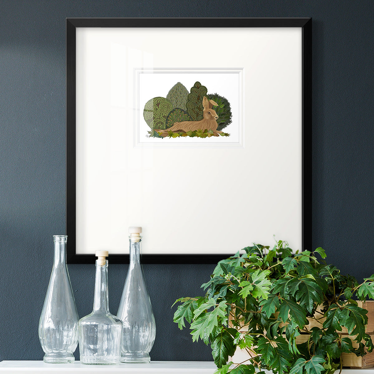 Hare Reclining in Leaves Premium Framed Print Double Matboard