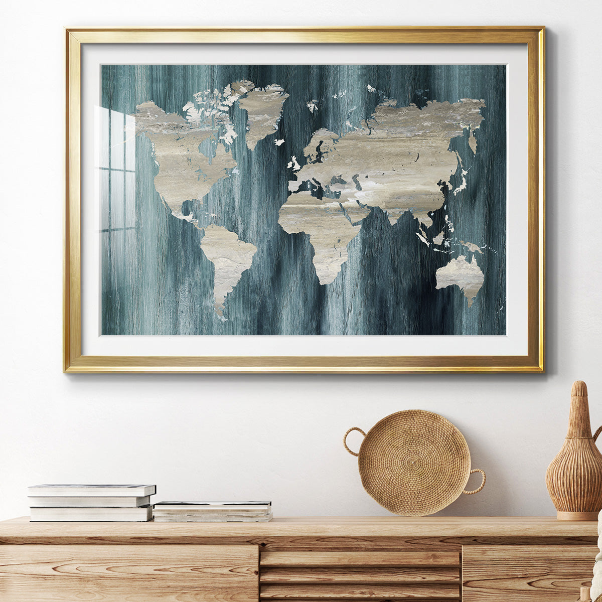 Navy World Map - Modern Framed Art Print