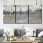 Three-panel canvas wall art featuring soft grey abstract horizon, displayed in a modern living room above seating.