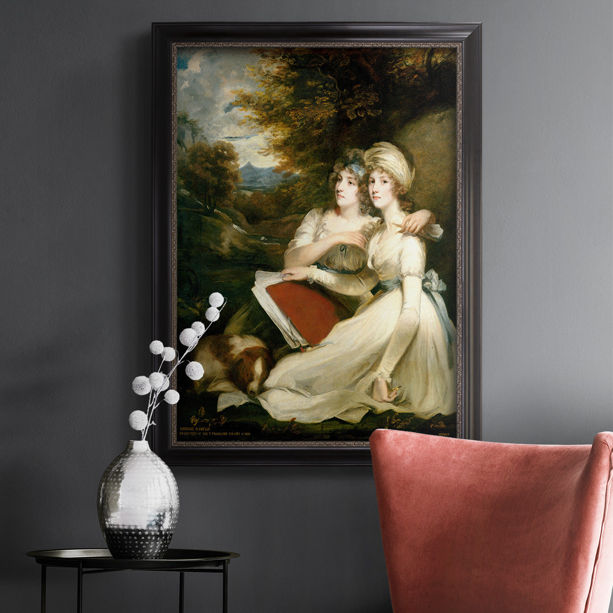 Classical portrait of the Frankland sisters by John Hoppner in an ornate black frame with gilded inner detail displayed in a dark-toned interior setting.