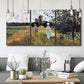Three-panel canvas wall art featuring figures walking along riverbank, displayed in a modern living room above seating.