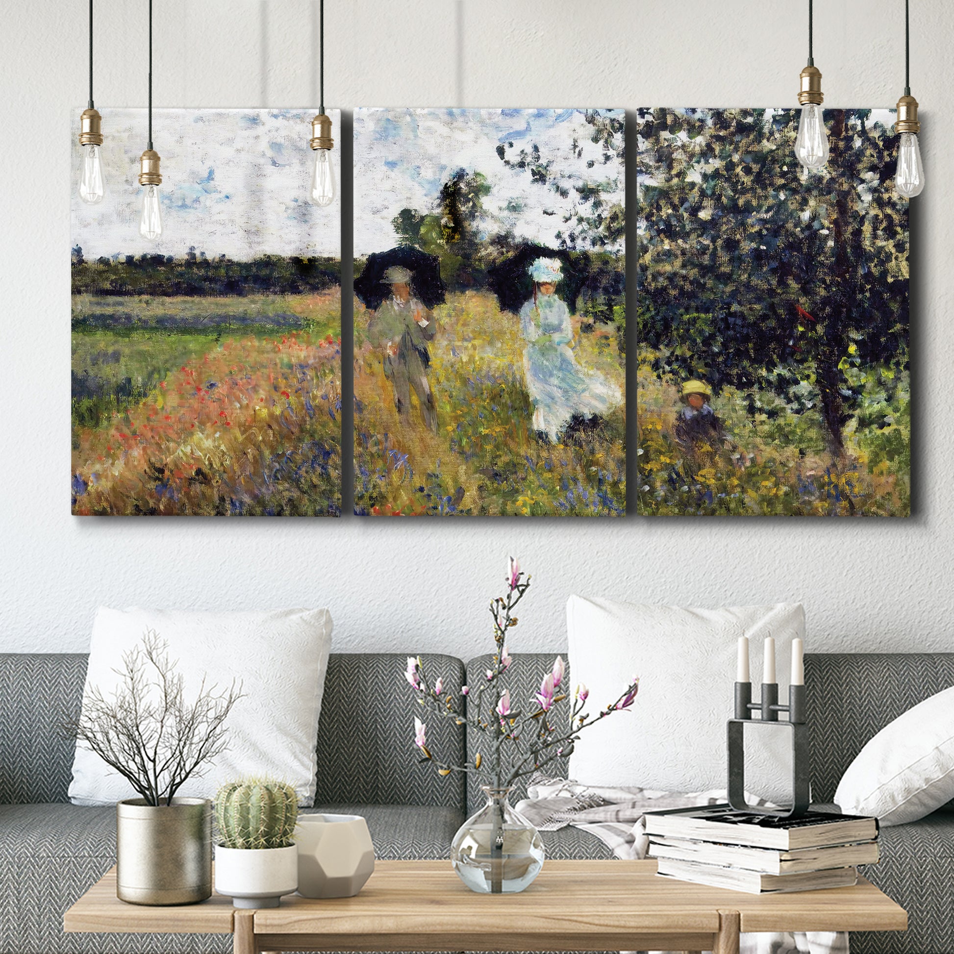 Three-panel canvas wall art featuring figures walking along riverbank, displayed in a modern living room above seating.