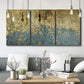 Three-panel canvas wall art featuring metallic abstract gold tones, displayed in a modern living room above seating.