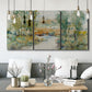 Three-panel canvas wall art featuring trees lining quiet creek, displayed in a modern living room above seating.