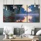 Three-panel canvas wall art featuring misty river surface at dawn, displayed in a modern living room above seating.