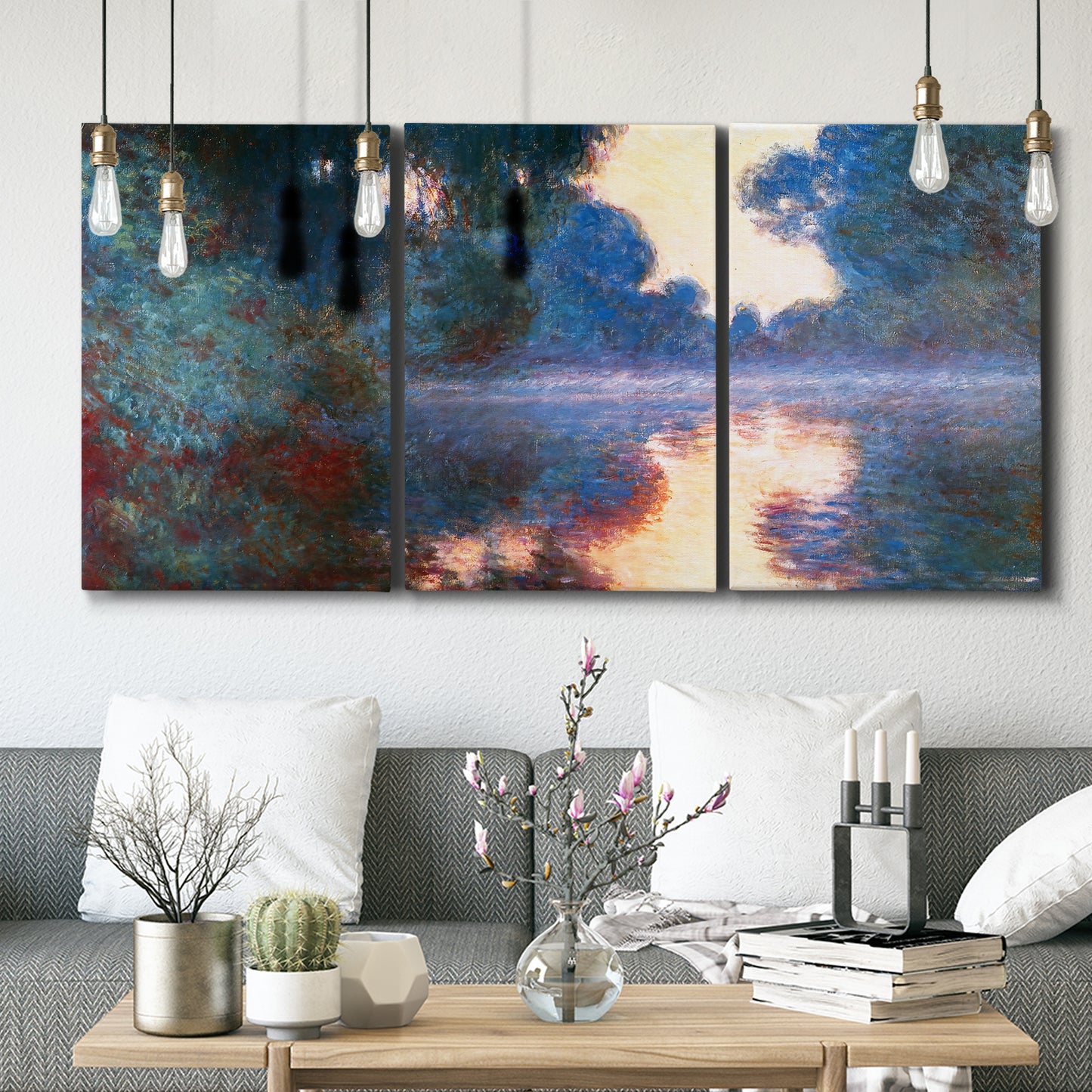 Three-panel canvas wall art featuring misty river surface at dawn, displayed in a modern living room above seating.