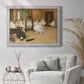 Impressionist dance class interior scene by Edgar Degas in an ornate weathered white frame displayed in a bright interior setting.