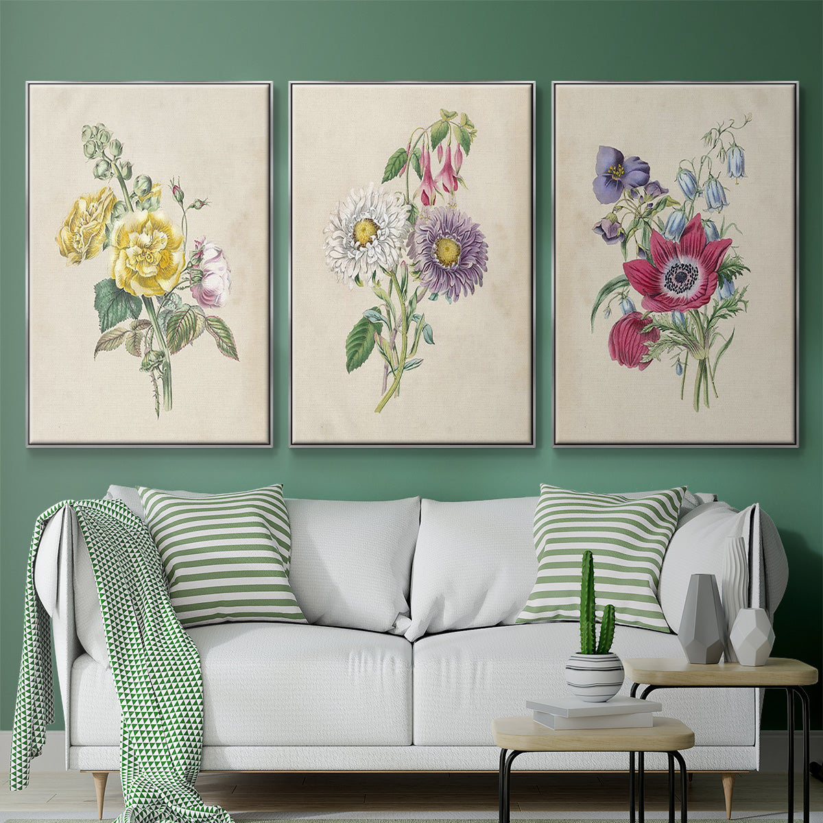 Antique Garden Bouquet I - Framed Premium Gallery Wrapped Canvas L Frame 3 Piece Set - Ready to Hang