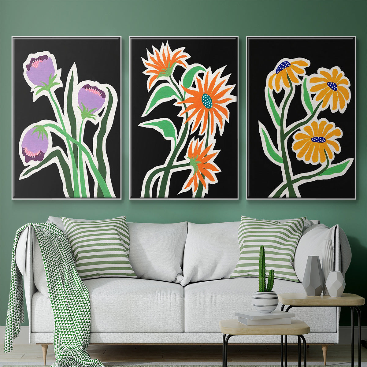 Pop Flowers I - Framed Premium Gallery Wrapped Canvas L Frame 3 Piece Set - Ready to Hang